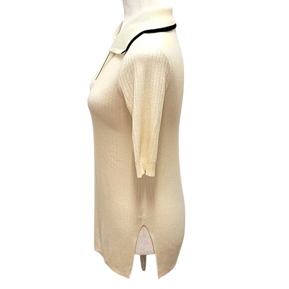 Duette NYC Cream w/Black Trimmed Collar Sweater Short Sleeved V-Neck Size XXS - Picture 3 of 8